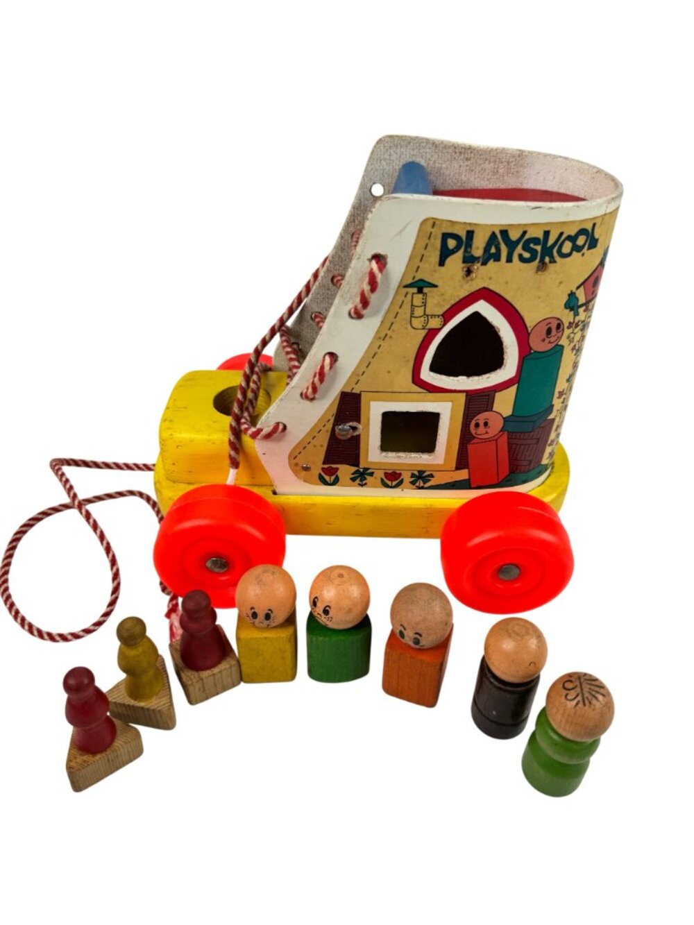 Playskool Wooden Pull Along Toy Shoe Lace Up People Figures 1970s Vtg Toddler - Picture 2 of 13